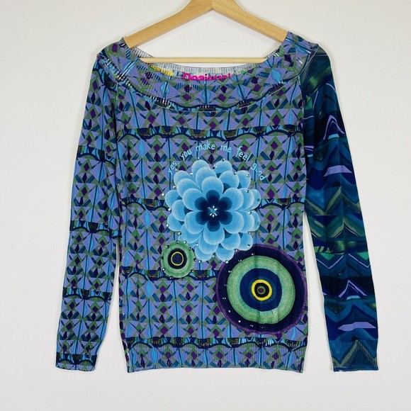 Desigual Sweaters - Desigual Bright Jewel Tone Embellished Fine Knit Sweater Pullover Womens Small